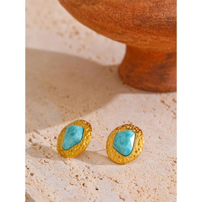 Tamika gold stud earrings, made of 18K gold-plated stainless steel and natural Amazonite stones [3]