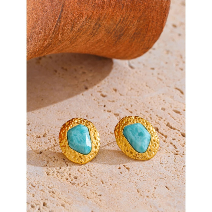 Tamika gold stud earrings, made of 18K gold-plated stainless steel and natural Amazonite stones [2]