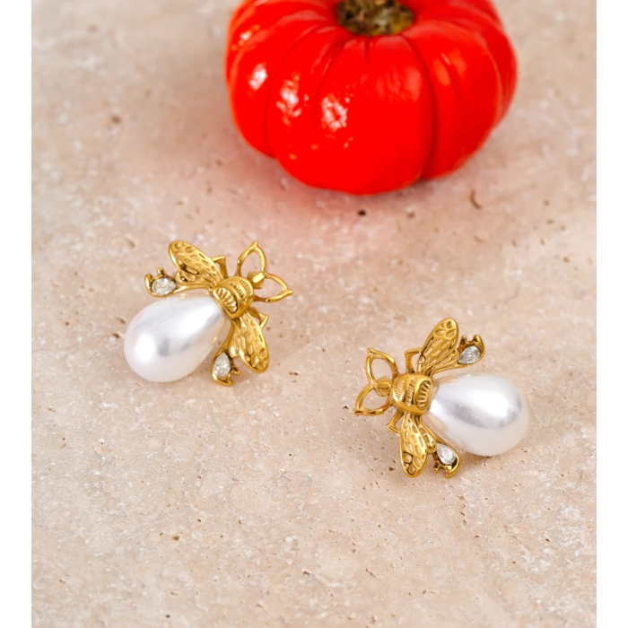 Cercei Queen Bee, aurii, cu perle, din oțel inoxidabil placat cu aur 18K, în formă de albină - Colecția Universe of Pearls [5]