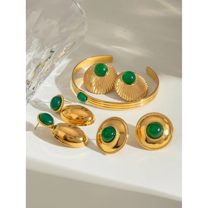Cercei Coralia, aurii, rotunzi, cu pietre verzi, din oțel inoxidabil placat cu aur 18K, în stil vintage [2]