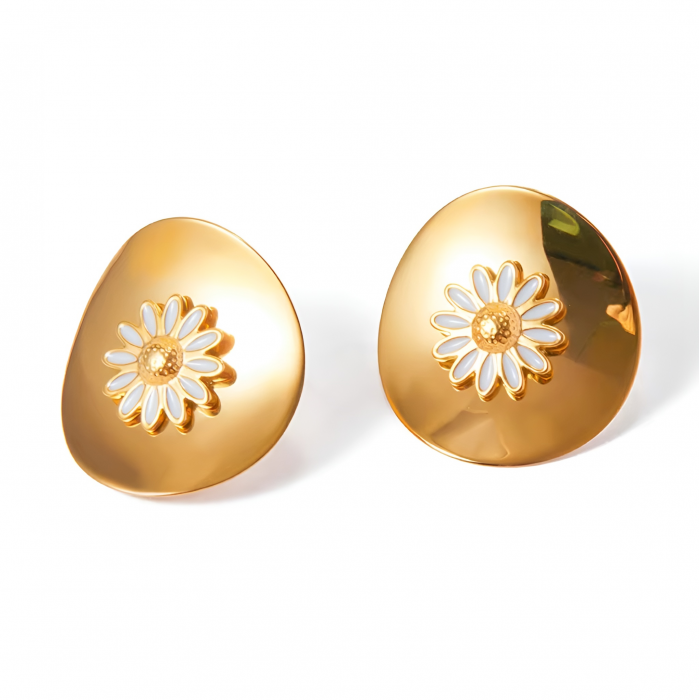 Cercei Leola, aurii, rotunzi, din oțel inoxidabil placat cu aur 18K, cu model floral [1]