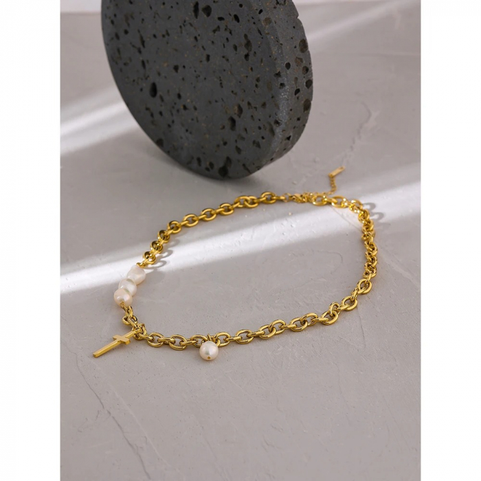 Colier Lacey, auriu, cu pandativ cruce, din oțel inoxidabil și perle naturale de cultură, placat cu aur 18K - Colecția Universe of Pearls [2]