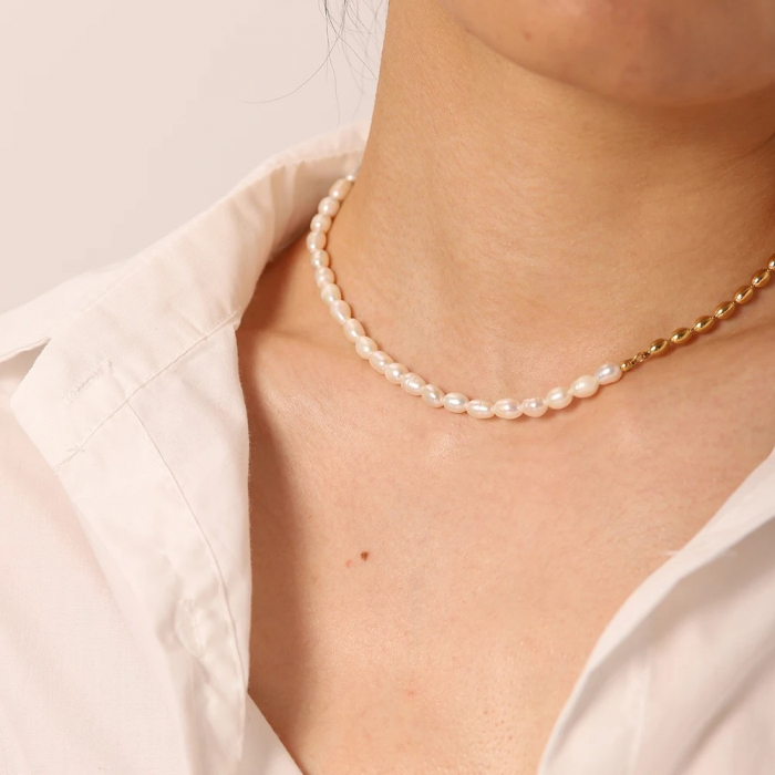 Colier Lottie, auriu, din oțel inoxidabil și perle naturale de cultură, placat cu aur 18K - Colecția Universe of Pearls [4]