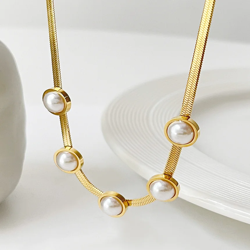 Colier Enisa, auriu, din oțel inoxidabil, model cu perle, tip snake chain - Colecția Universe of Pearls [2]