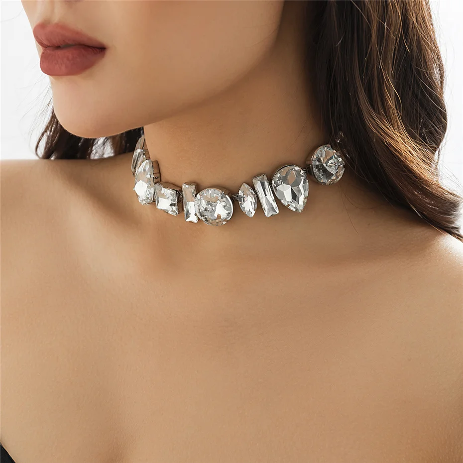 Colier Leila, argintiu, cu pietre mari geometrice, tip choker - Colecția Glamour [7]