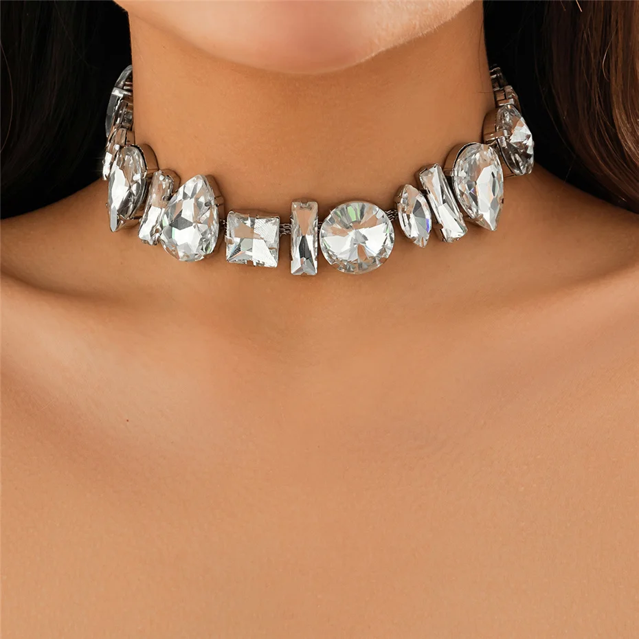 Colier Leila, argintiu, cu pietre mari geometrice, tip choker - Colecția Glamour [5]