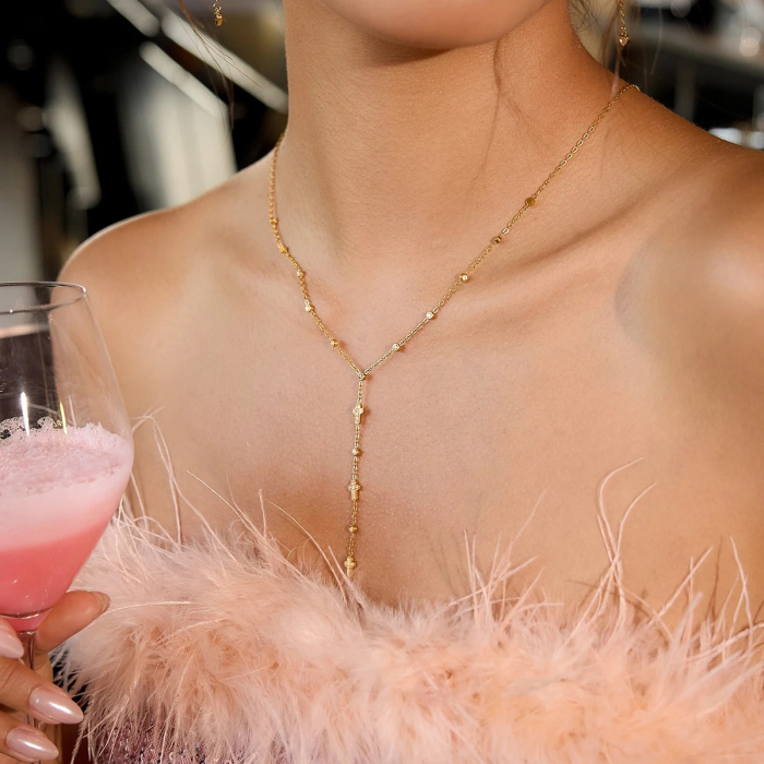 Colier Enya, auriu, cu pandantiv lung model cruce, din oțel inoxidabil placat cu aur 18K [2]