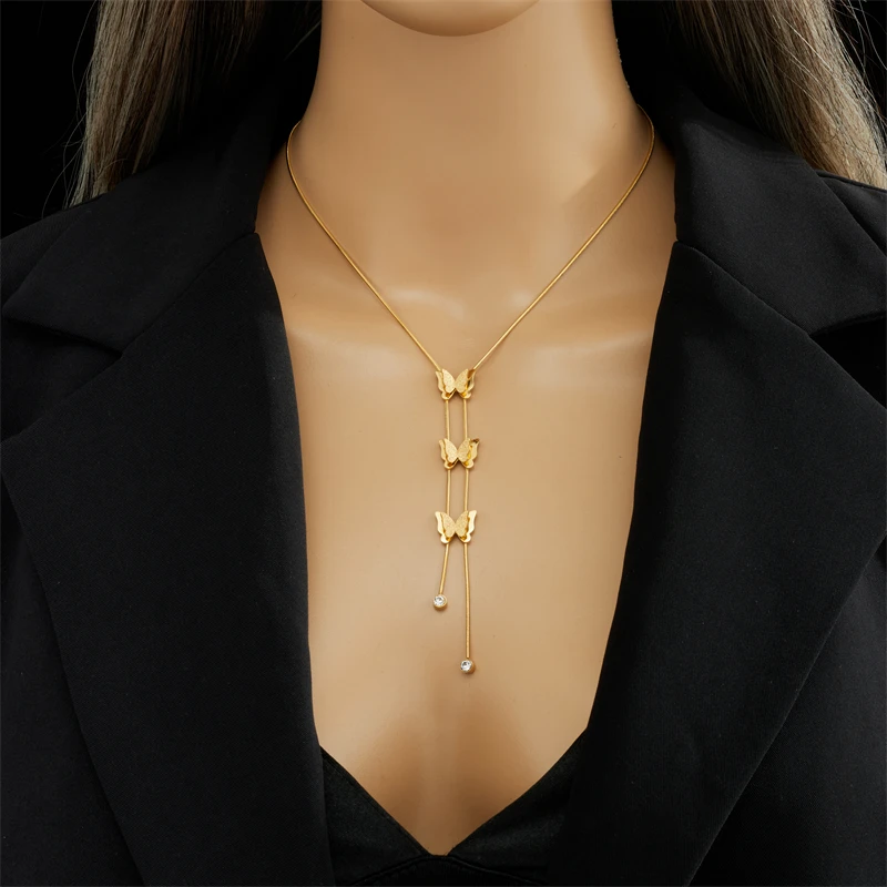 Colier Hana, auriu, din oțel inoxidabil placat cu aur 18K, model cu fluturi [5]