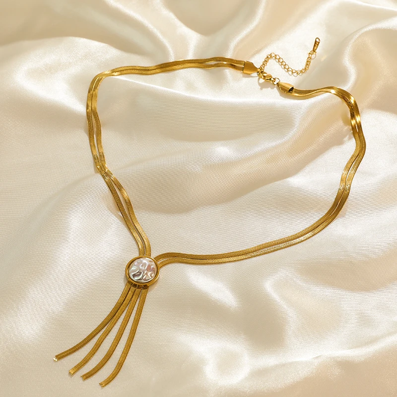 Colier Keira, auriu, cu pandantiv lung cu perlă, din oțel inoxidabil placat cu aur 18K - Colecția Universe of Pearls [6]