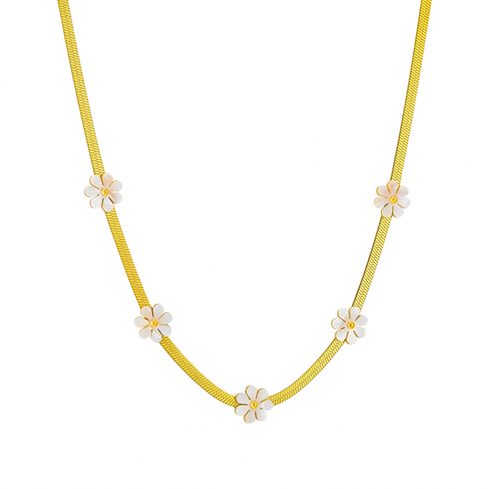 Colier Karie, auriu, din oțel inoxidabil, tip snake chain, model floral, cu margarete - Colecția Floral Paradise [1]