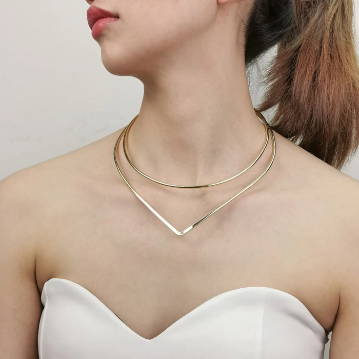 Colier Averie, auriu, în 2 straturi, cu model geometric, tip choker, ajustabil [4]
