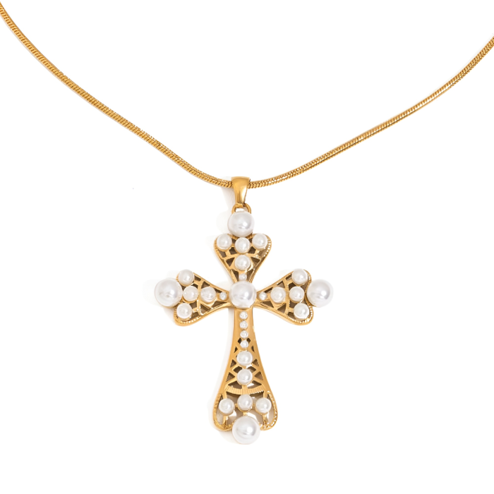 Colier Leandra, auriu, cu perle și pandativ cruce, din oțel inoxidabil placat cu aur 18K - Colecția Universe of Pearls [5]