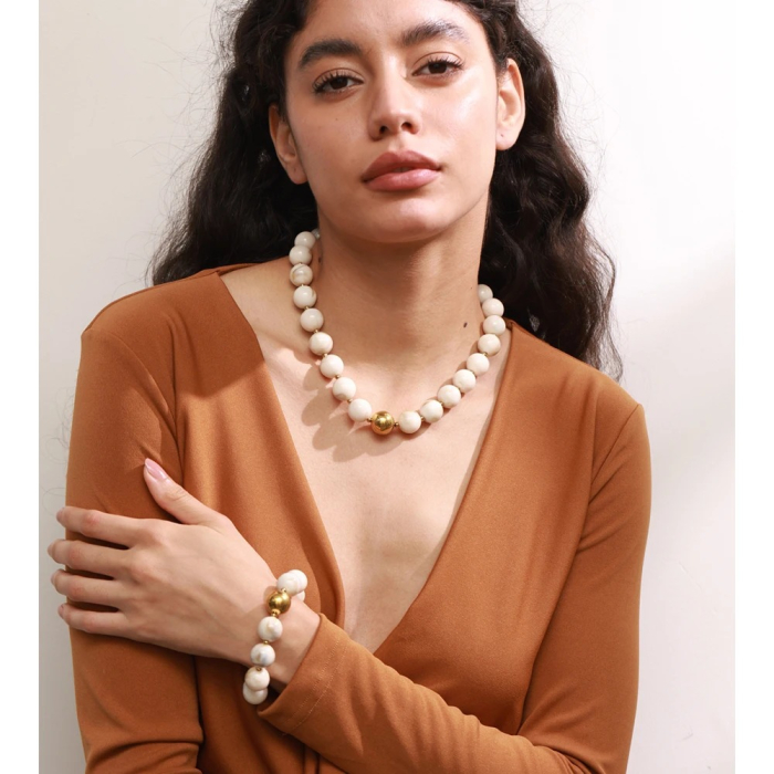 Colier Jenny, handmade, cu margele verzi și montura aurie, din oțel inoxidabil placat cu aur 18K [3]