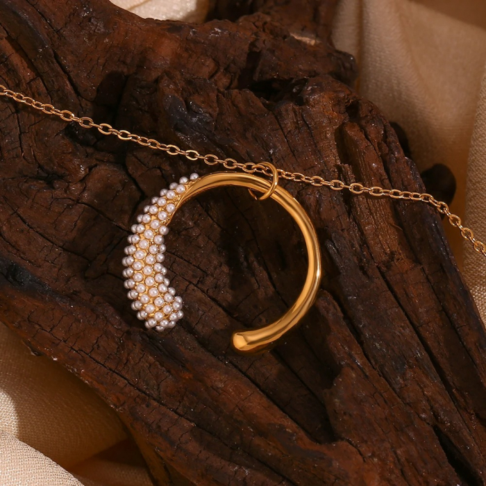 Colier Mabelyn, auriu, cu perle și pandantiv circular, din oțel inoxidabil placat cu aur 18K - Colecția Universe of Pearls [6]