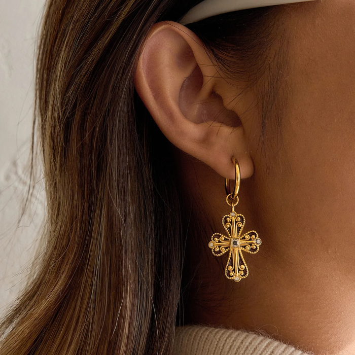 Cercei Mazie, aurii, în formă de cruce, din oțel inoxidabil placat cu aur 18K [3]