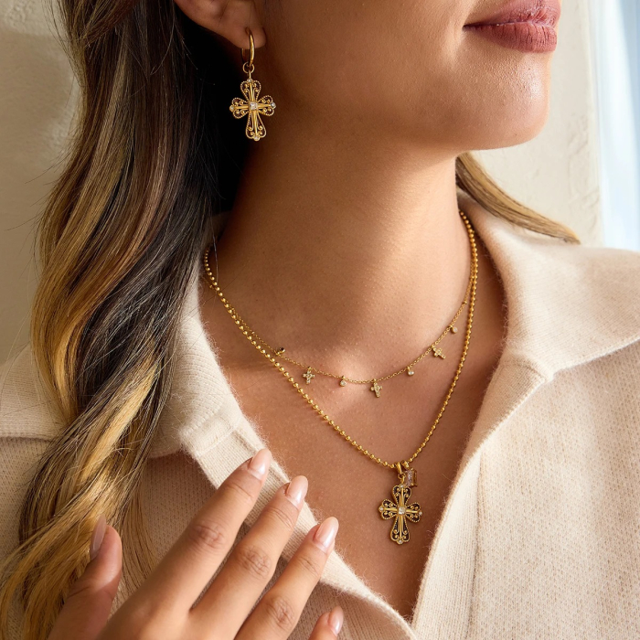 Cercei Mazie, aurii, în formă de cruce, din oțel inoxidabil placat cu aur 18K [4]