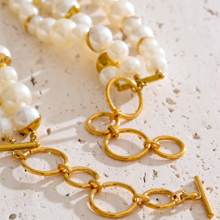 Colier Myia, auriu, statement, cu perle, din otel inoxidabil placat cu aur 18K - Colectia Universe of Pearls [4]