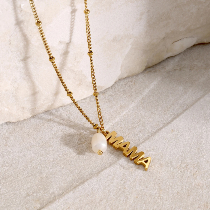 Colier Selena, auriu, cu perla si pandantiv "Mama", din oțel inoxidabil placat cu aur 18K [4]