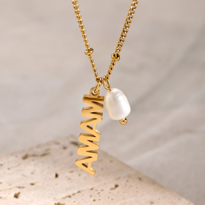 Colier Selena, auriu, cu perla si pandantiv "Mama", din oțel inoxidabil placat cu aur 18K [2]