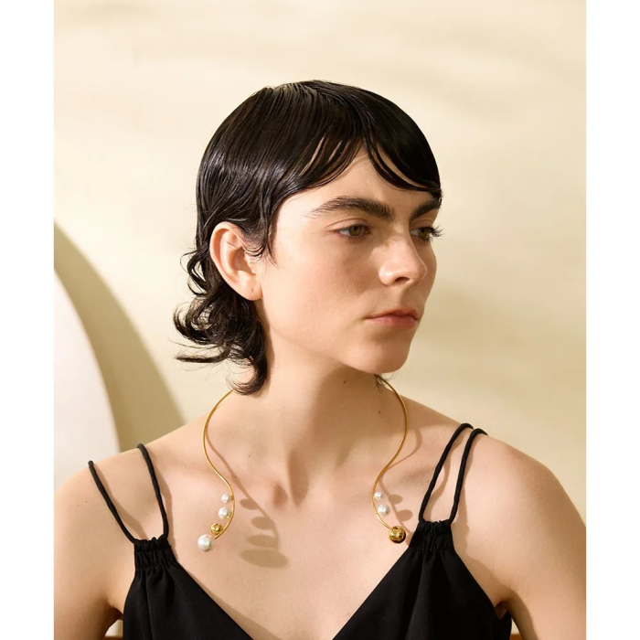 Colier Xandra, auriu, cu perle, tip choker, din oțel inoxidabil placat cu aur 18K - Colecția Universe of Pearls [4]