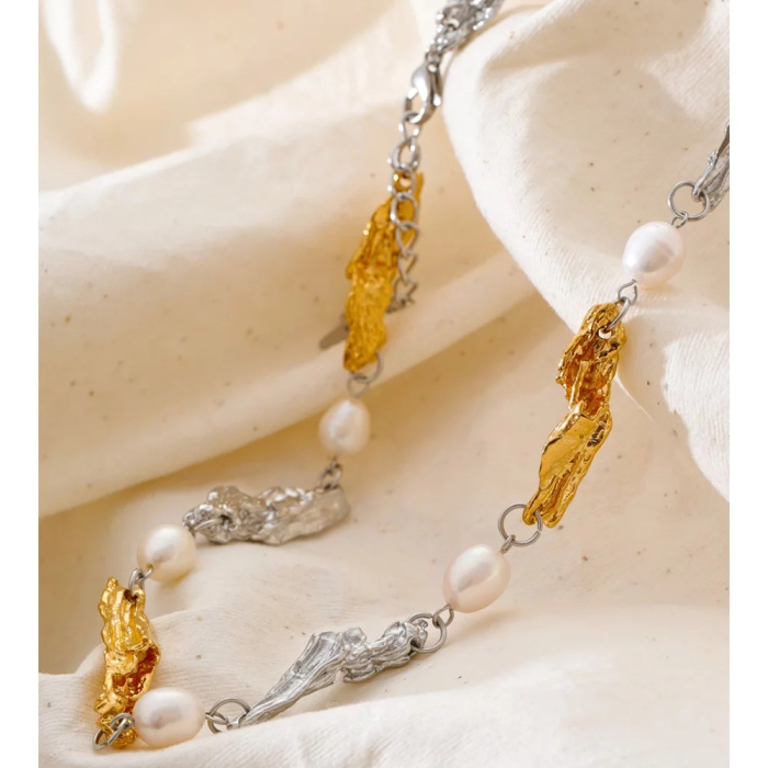 Colier Sonya, mix auriu și argintiu, din oțel inoxidabil placat cu aur 18K și perle naturale [3]