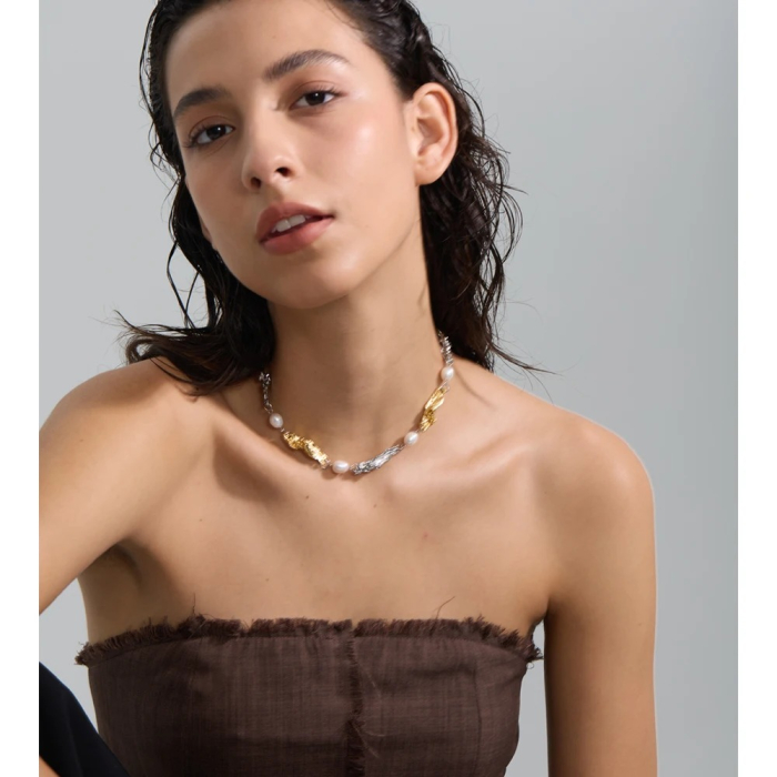 Colier Sonya, mix auriu și argintiu, din oțel inoxidabil placat cu aur 18K și perle naturale [4]