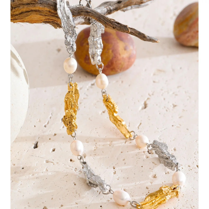 Colier Sonya, mix auriu și argintiu, din oțel inoxidabil placat cu aur 18K și perle naturale [2]