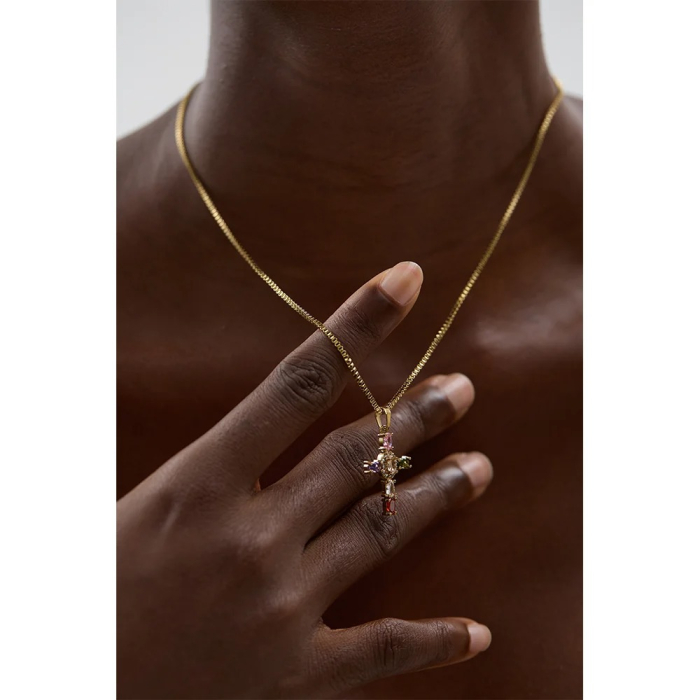 Colier Trinity, auriu, cu pietre multicolore și pandantiv în formă de cruce, din oțel inoxidabil placat cu aur 18K [3]