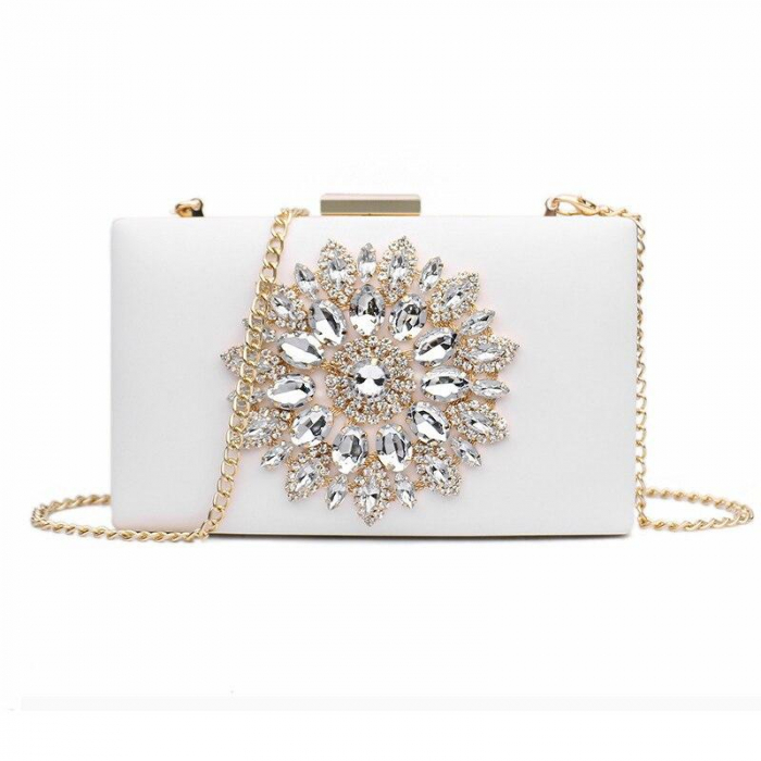 Geantă clutch de ocazie Clementine, albă, decorată cu pietre în formă de soare [1]