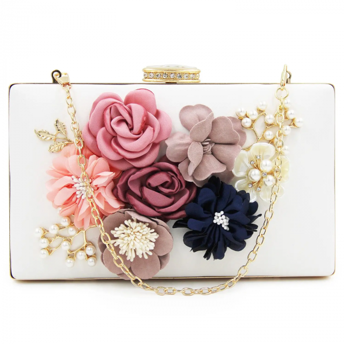 Geantă clutch de ocazie Ivory, albă, cu model floral, decorată cu perle [3]