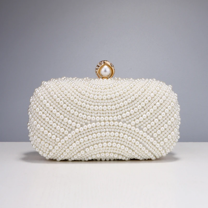 Geantă clutch de ocazie Mallory, albă, decorată cu perle [2]