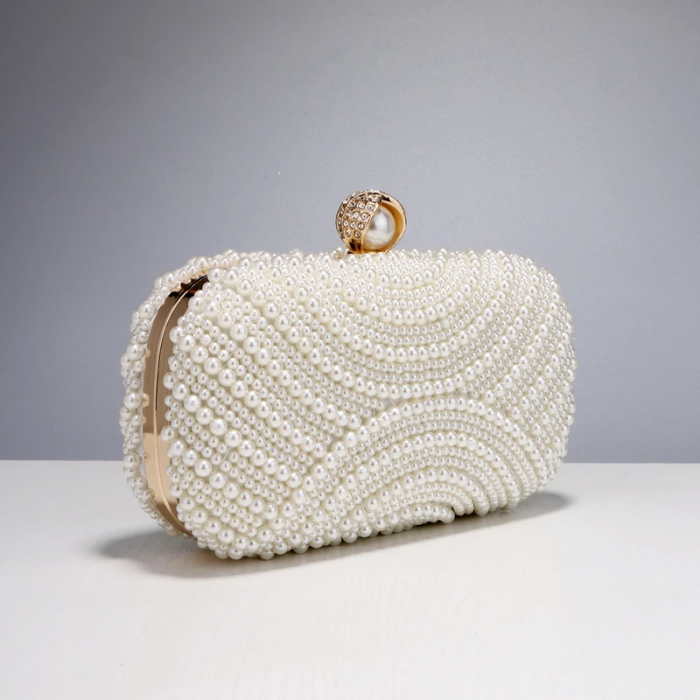 Geantă clutch de ocazie Mallory, albă, decorată cu perle [5]