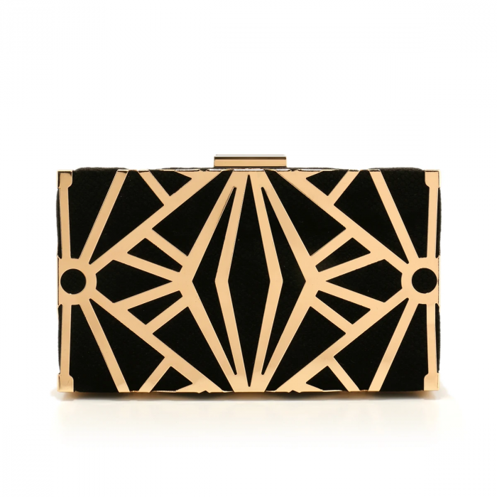 Geantă clutch de ocazie Margot, negru cu auriu, cu model geometric [1]