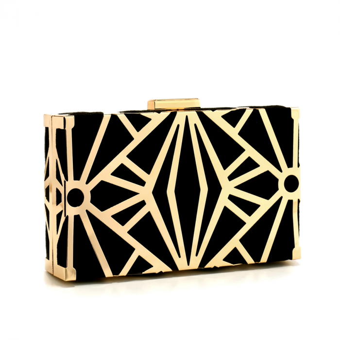 Geantă clutch de ocazie Margot, negru cu auriu, cu model geometric [2]