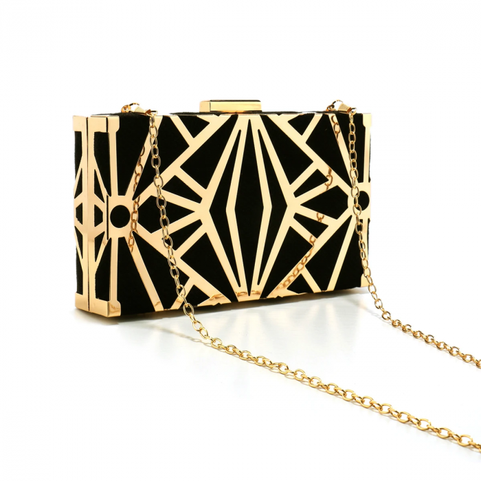 Geantă clutch de ocazie Margot, negru cu auriu, cu model geometric [4]