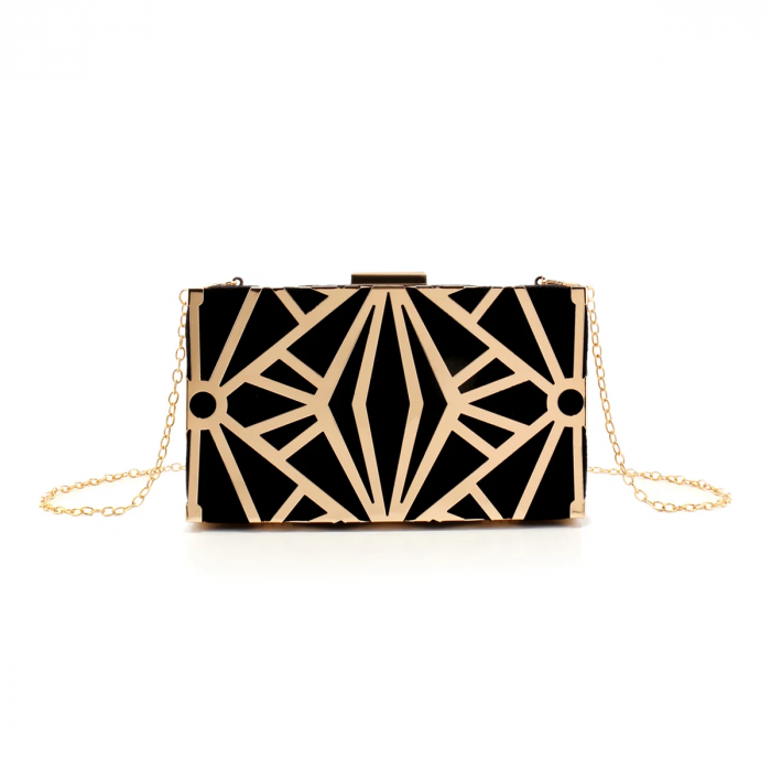 Geantă clutch de ocazie Margot, negru cu auriu, cu model geometric [6]