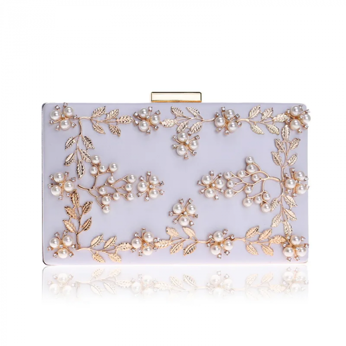 Geantă clutch de ocazie Mikaela, albă, decorată cu perle [1]