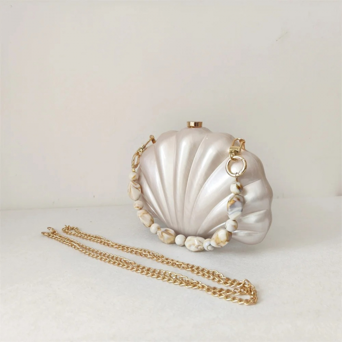 Geantă clutch premium Gia, alb ivory, în formă de scoică [2]