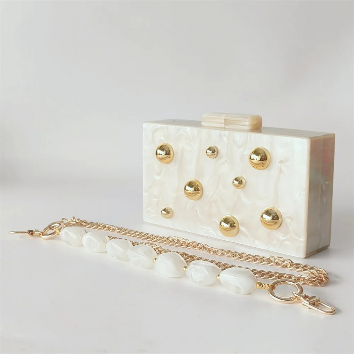 Geantă clutch premium Talia, alb ivory, dreptunghiulară, cu perle aurii [3]