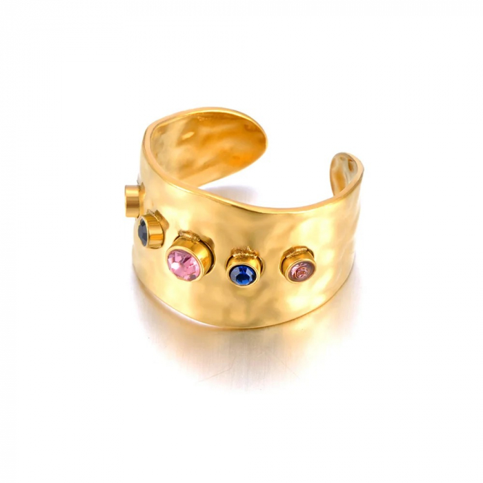 Inel Amoura, auriu, cu pietre multicolore, din oțel inoxidabil placat cu aur 18K, reglabil - Colecția Parisian [3]