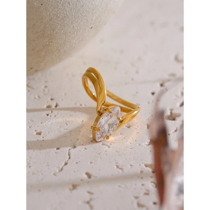 Inel Aletta, auriu, cu piatră în formă de lacrimă, din oțel inoxidabil placat cu aur 18K [3]