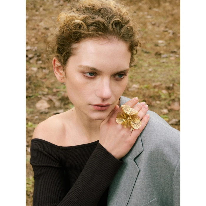 Inel Eda, auriu, oversize, din oțel inoxidabil placat cu aur, cu model abstract floral, reglabil - Colecția Glamour [4]