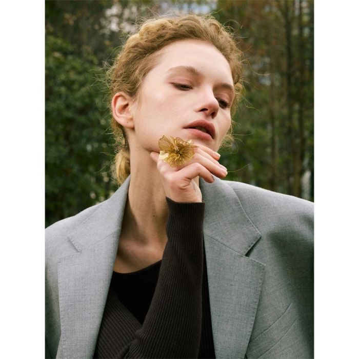 Inel Eda, auriu, oversize, din oțel inoxidabil placat cu aur, cu model abstract floral, reglabil - Colecția Glamour [3]