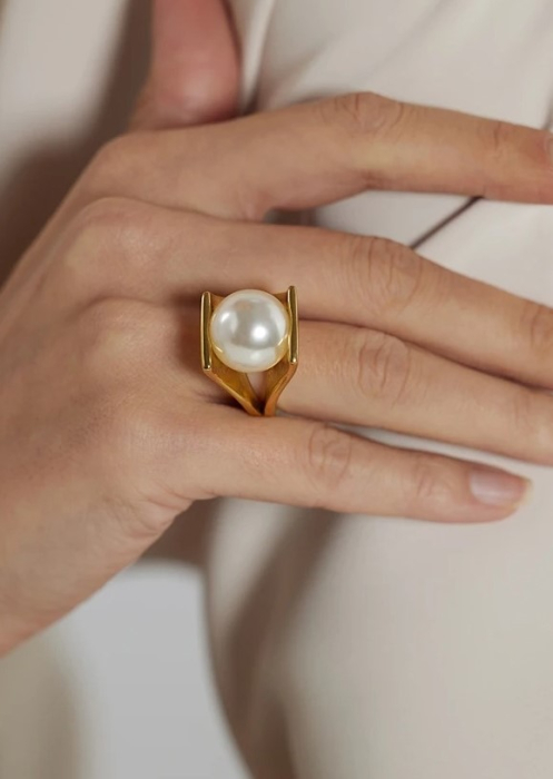 Inel Brielle, auriu, cu perlă, din oțel inoxidabil placat cu aur 18K - Colecția Universe of Pearls [2]