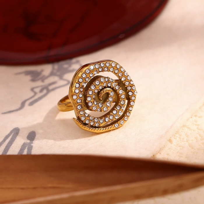 Inel Lillia, auriu, cu zirconiu, din oțel inoxidabil placat cu aur 18K, model vortex, reglabil [2]