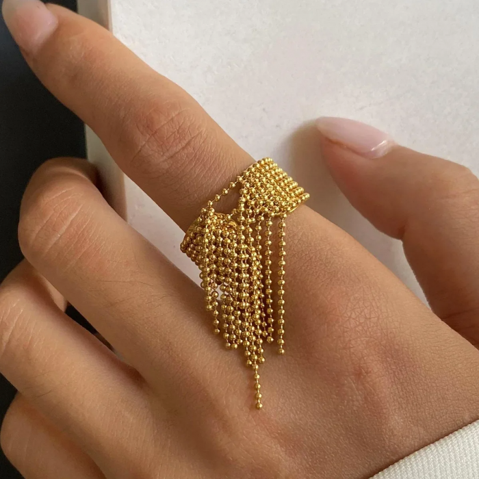 Inel Gracie, auriu, din oțel inoxidabil placat cu aur 18K, model cu mărgele, reglabil [5]