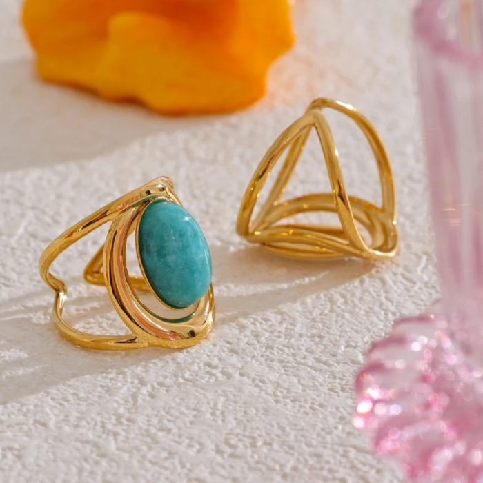 Inel Gretchen, auriu, cu piatra naturala, din oțel inoxidabil placat cu aur 18K, reglabil [2]