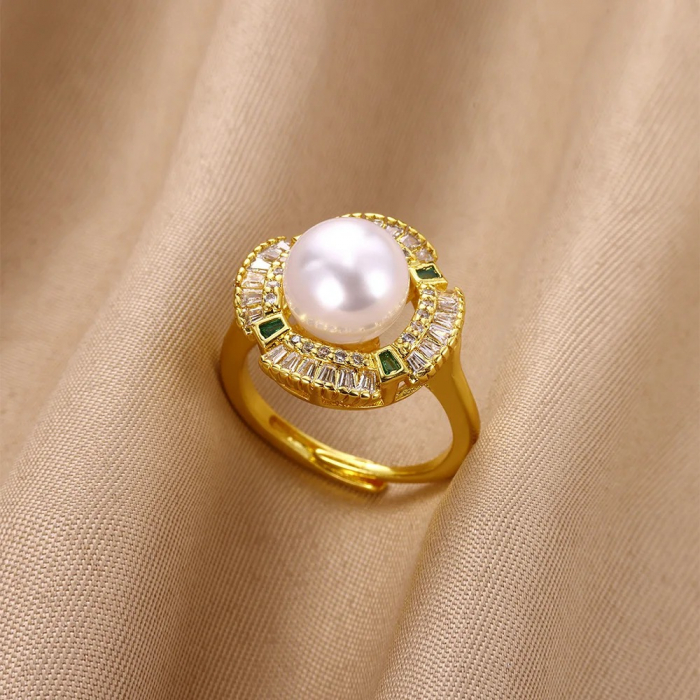 Inel Blossom, auriu, cu perlă și zirconiu, din oțel inoxidabil, reglabil - Colecția Universe of Pearls [2]