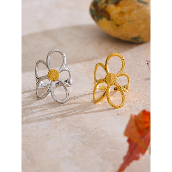 Inel Floria, argintiu, în formă de floare, din oțel inoxidabil placat cu aur 18K, reglabil - Colecția Floral Paradise [3]