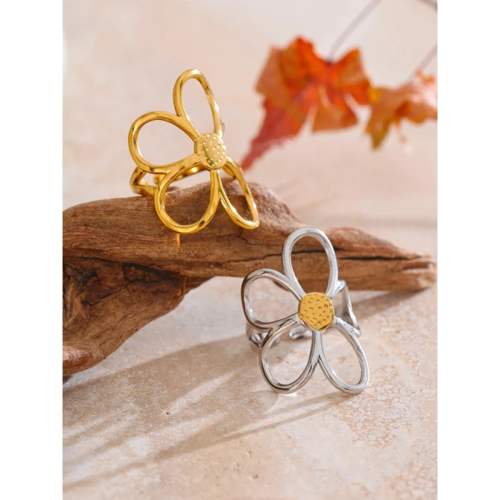 Inel Floria, argintiu, în formă de floare, din oțel inoxidabil placat cu aur 18K, reglabil - Colecția Floral Paradise [2]
